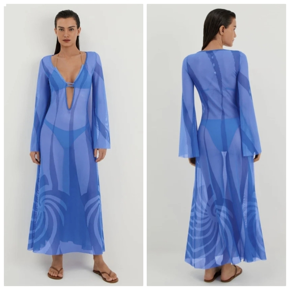 New Caroline Constas Blue Long Tunic Kaftan Beach Swim Cover-Up XS NWT